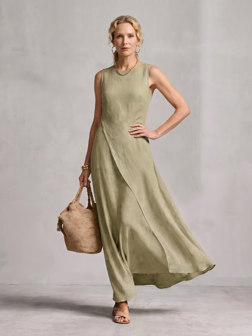 Corthea | Asymmetric Layered Round Neck Maxi Dress