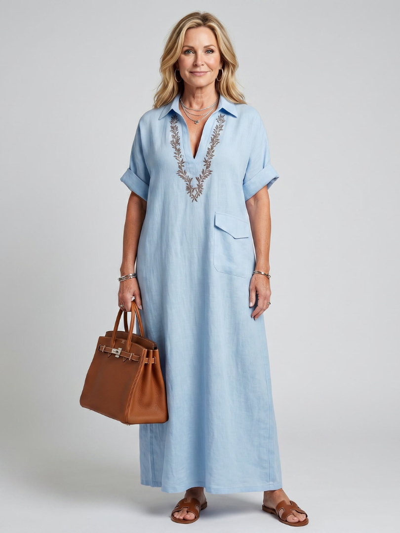 Kalthea | Short Sleeve V Neck  Embroidered Detail Midi Dress