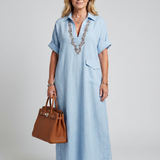 Kalthea | Short Sleeve V Neck  Embroidered Detail Midi Dress