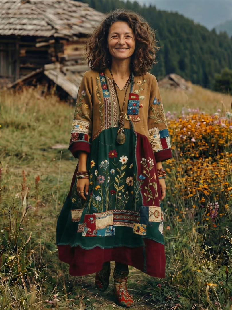 Fiodra | Embroidered Panel Long Sleeve Midi Dress