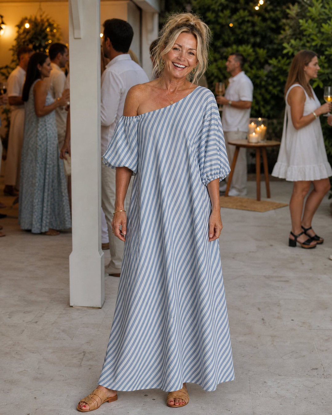 Faela | Striped Off Shoulder Puff Sleeve Midi Dress
