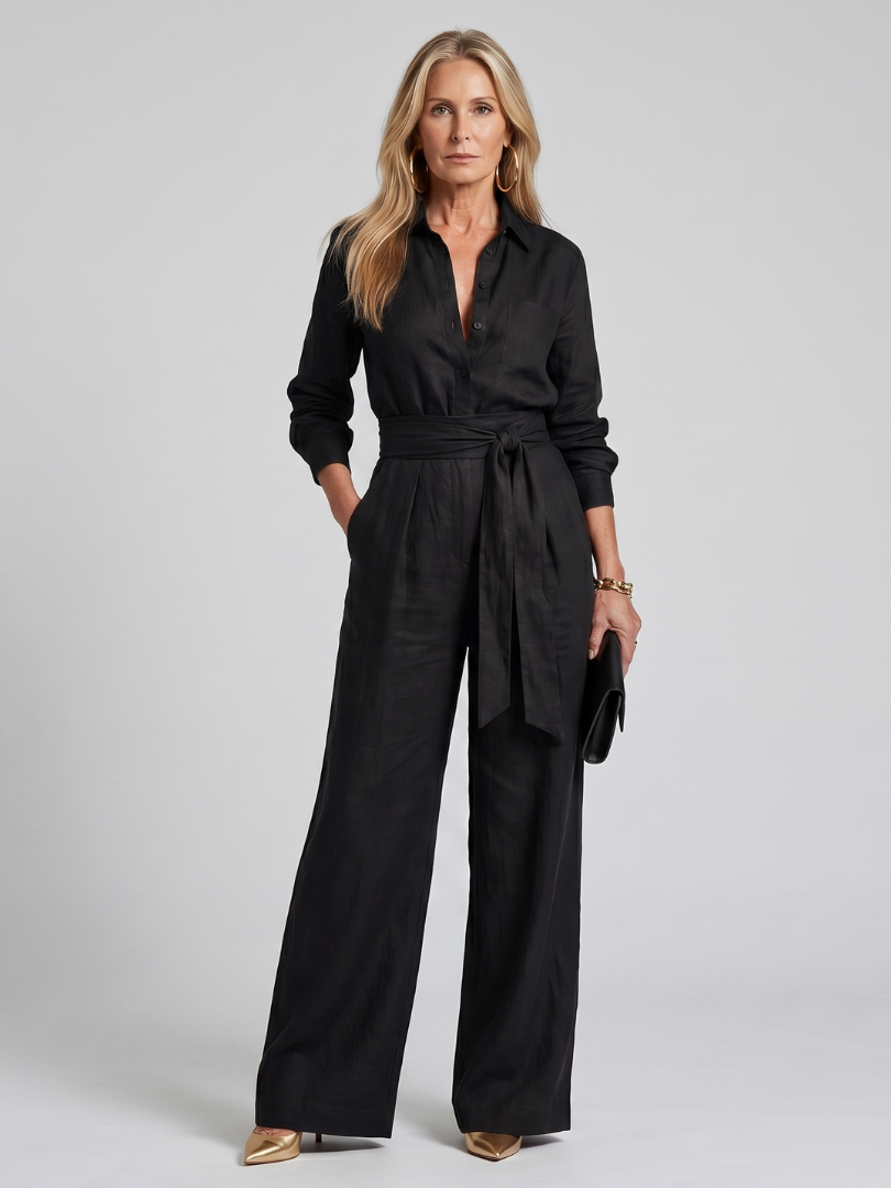 Marenney | Long Sleeve Button Front Wide Leg Jumpsuit