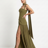 Fleurbelle | Cutout Neck Pleated Slit Maxi Dress