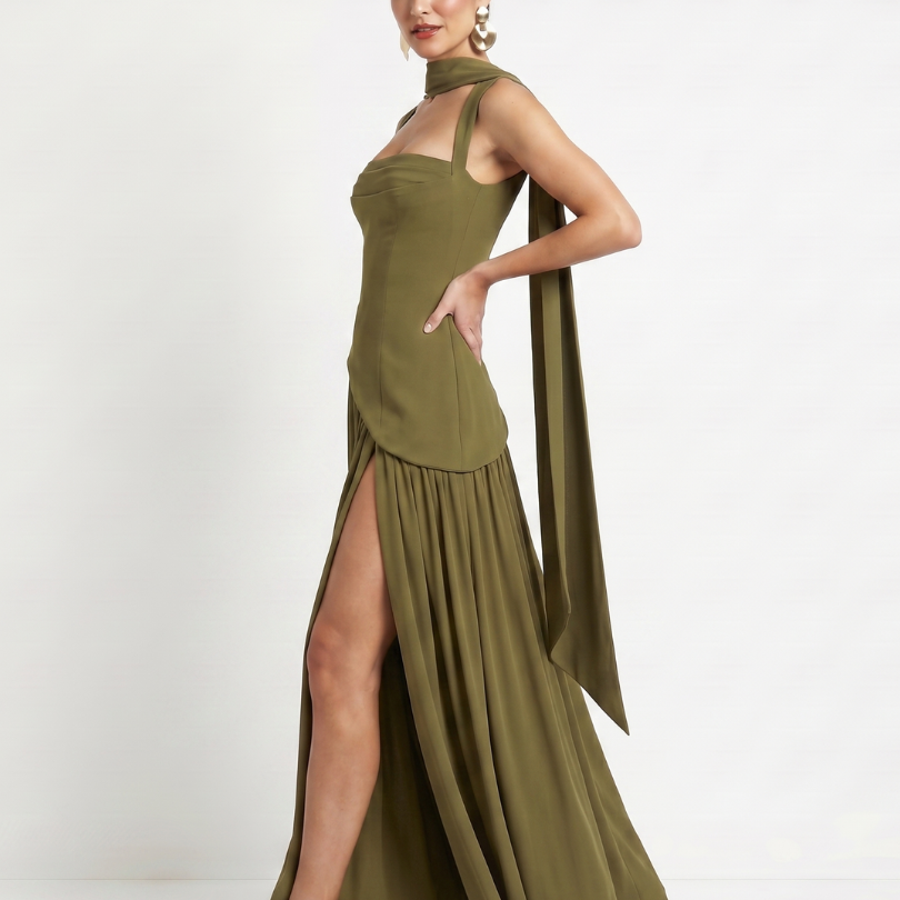 Fleurbelle | Cutout Neck Pleated Slit Maxi Dress