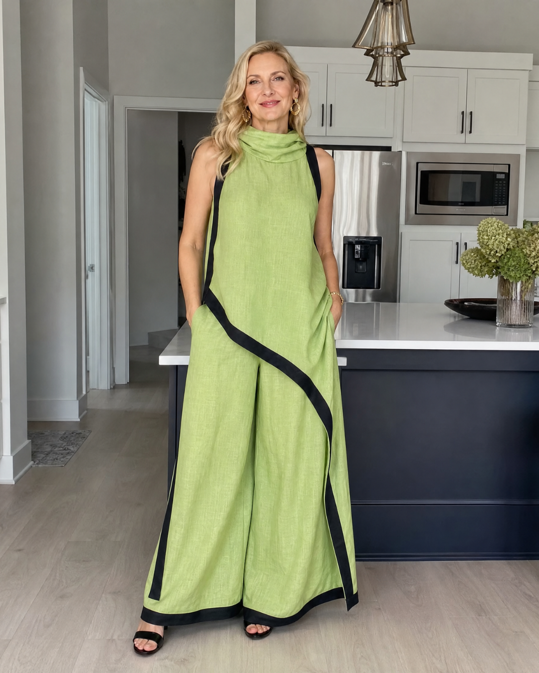 Tovarina | Contrast Trim Sleeveless Layered Top And Wide Leg Pants Set
