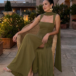 Fleurbelle | Cutout Neck Pleated Slit Maxi Dress
