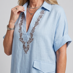 Kalthea | Short Sleeve V Neck  Embroidered Detail Midi Dress