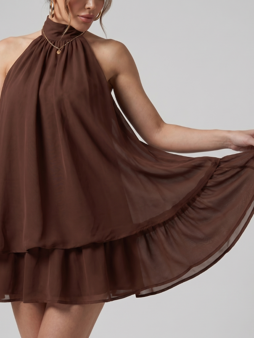 Marensia | High Neck Layered Chiffon Flared Hem Mini Dress
