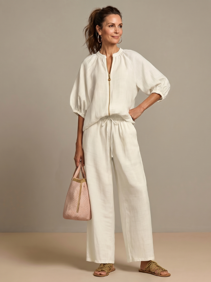 Halrin | Zip Front Blouson Top Wide Leg Set