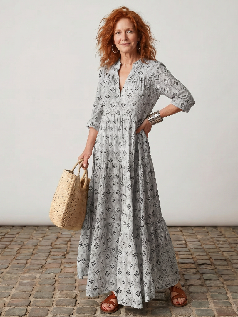 Teswen | Notch Neck Printed Long Sleeve Maxi Dress