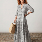 Teswen | Notch Neck Printed Long Sleeve Maxi Dress