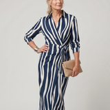 Dahine | Long Sleeve Collared Wrap Stripe Pattern Midi Dress
