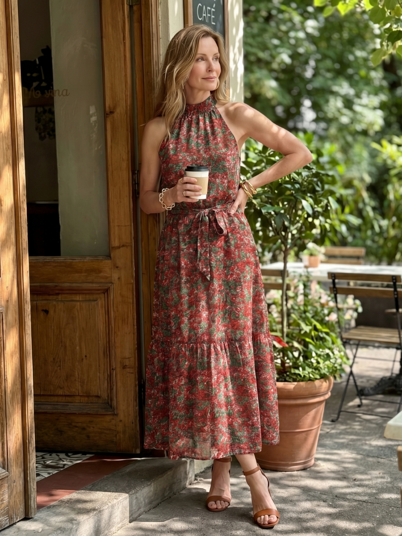 Tesdra | High Neck Floral Tiered Midi Dress