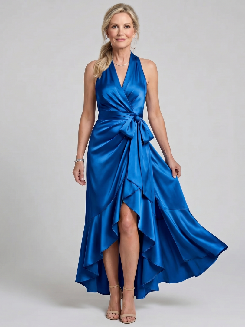 Mirwyn | Halter Neck Wrap Asymmetric Hem Midi Dress