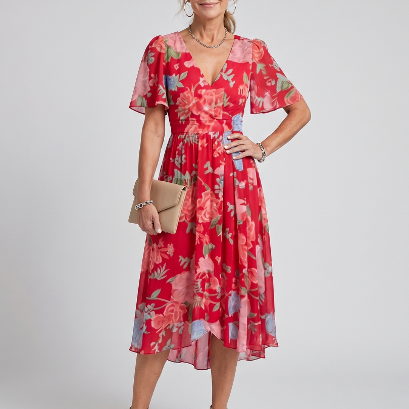 Daldra | Flutter Sleeve Gathered Waist Floral Print Midi Dress