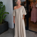 Faela | Striped Off Shoulder Puff Sleeve Midi Dress