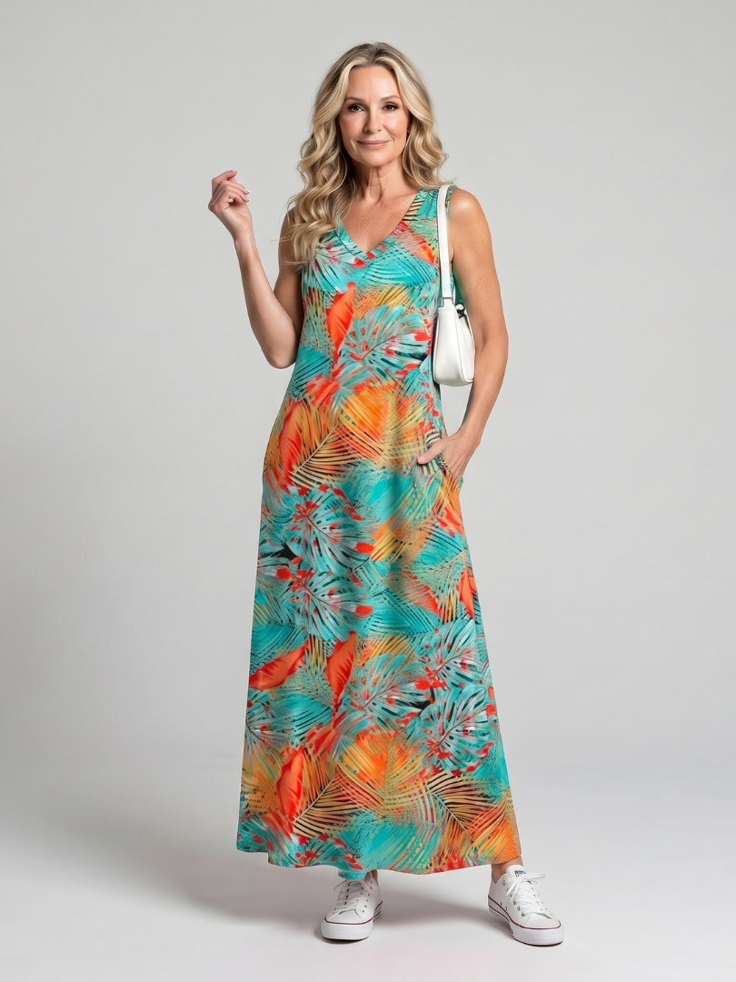 Tesmarie | Sleeveless Tropical Leaf Print Midi Dress