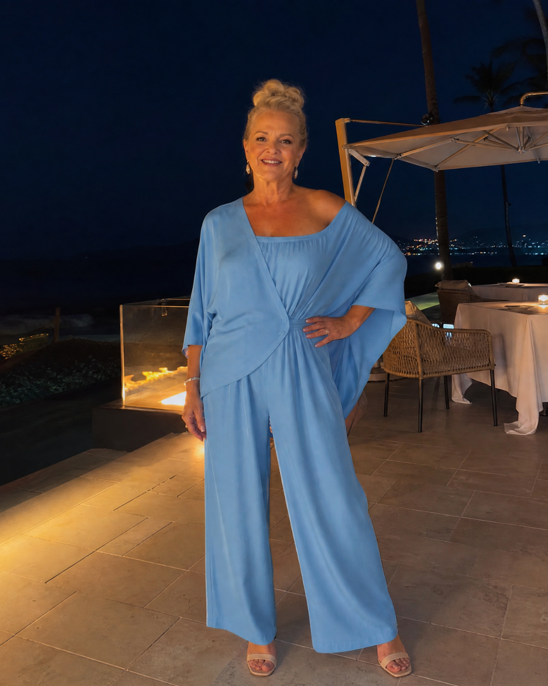 Nevsia | Draped Off Shoulder Top And Wide Leg Pants Set
