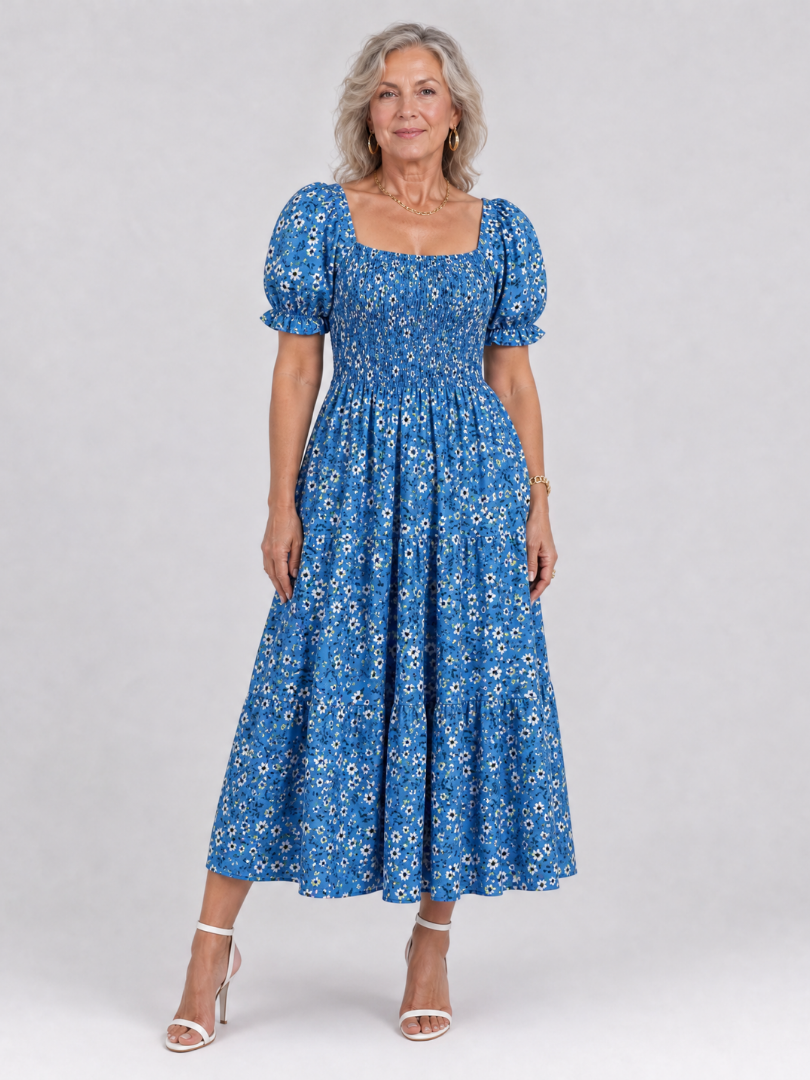 Serrina | Floral Smocked Square Neck Midi Dress