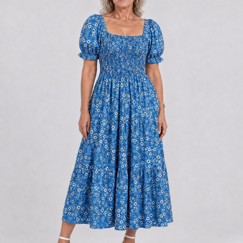 Serrina | Floral Smocked Square Neck Midi Dress