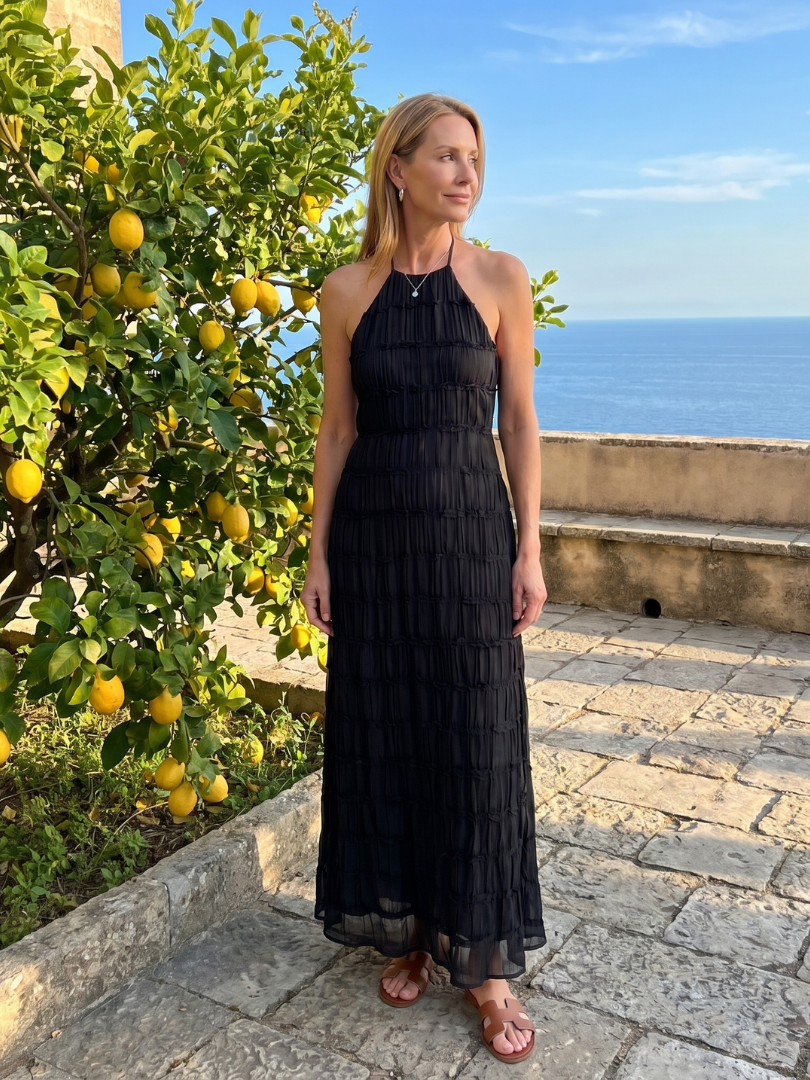 Vesette | Textured Fringe Fitted Silhouette Maxi Dress