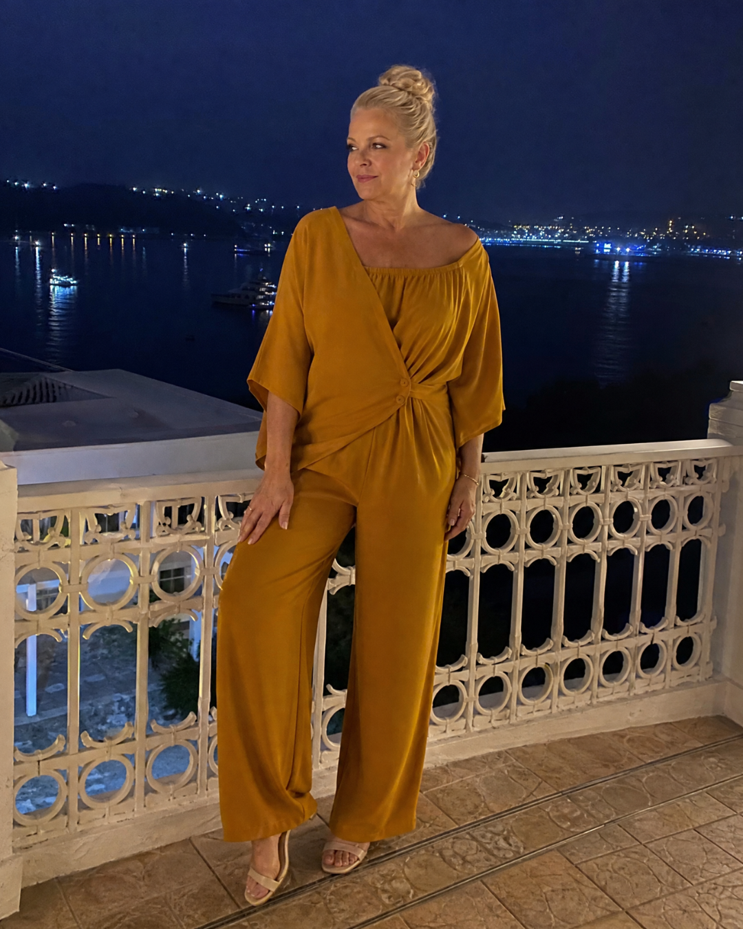 Nevsia | Draped Off Shoulder Top And Wide Leg Pants Set