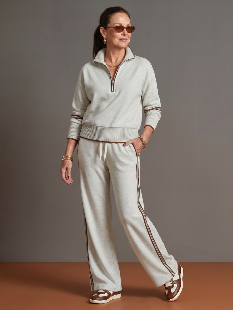 Della | Zip Neck Long Sleeve Side Stripe Leg Pants Set