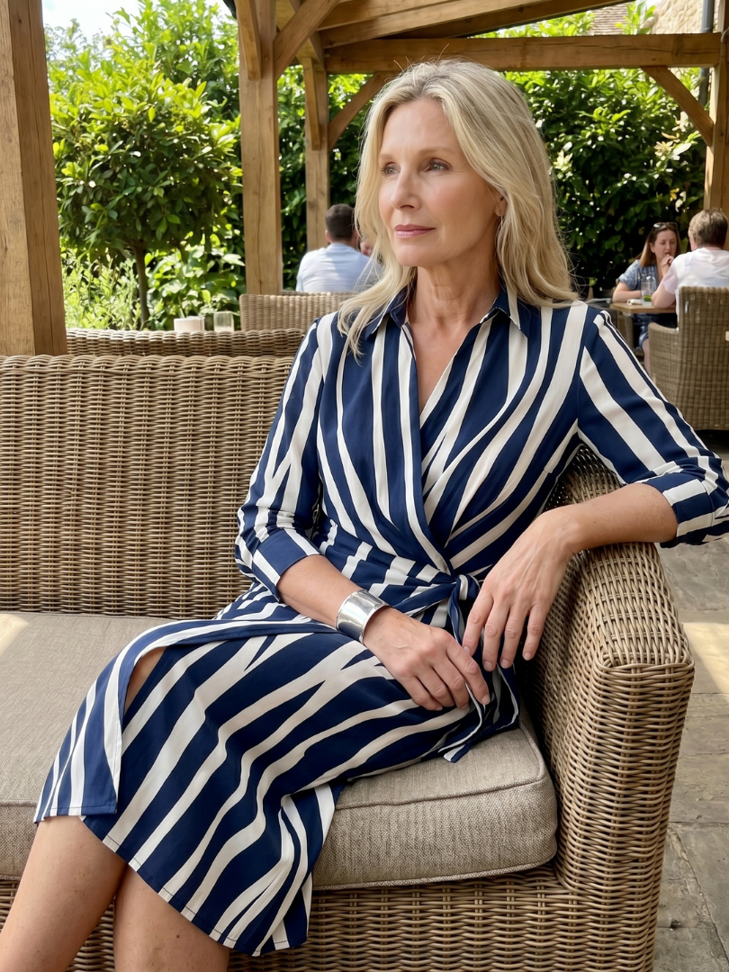 Dahine | Long Sleeve Collared Wrap Stripe Pattern Midi Dress