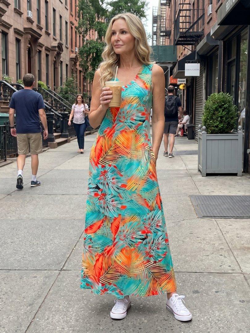 Tesmarie | Sleeveless Tropical Leaf Print Midi Dress