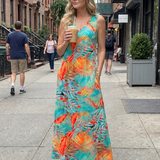 Tesmarie | Sleeveless Tropical Leaf Print Midi Dress