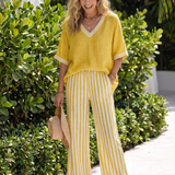 Penette | Contrast V Neck Tunic Stripe Trouser Set