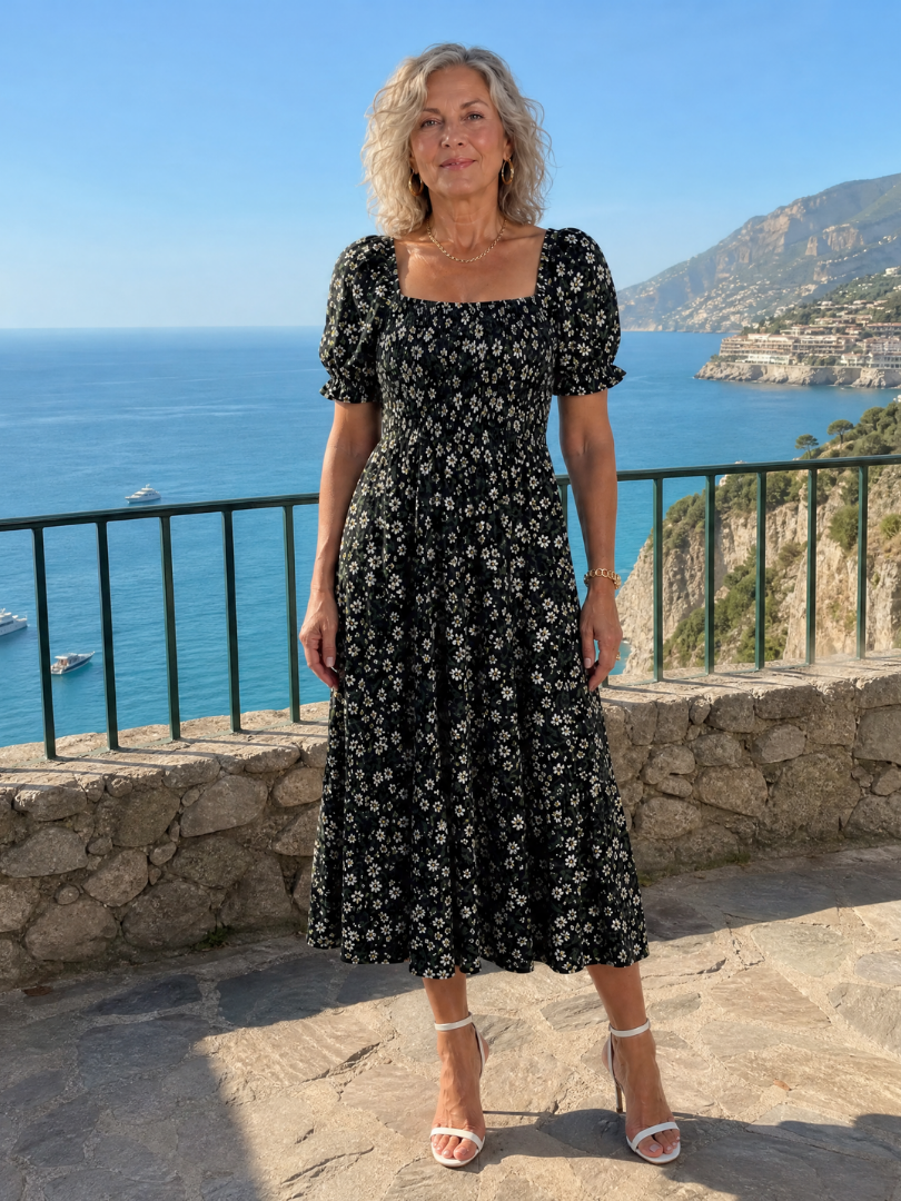 Serrina | Floral Smocked Square Neck Midi Dress