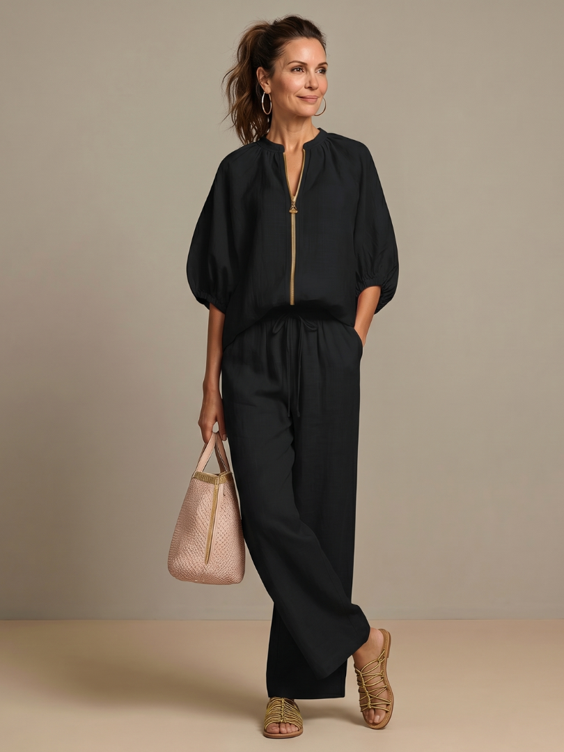 Halrin | Zip Front Blouson Top Wide Leg Set