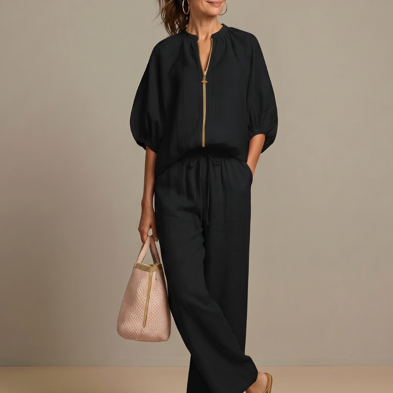 Halrin | Zip Front Blouson Top Wide Leg Set