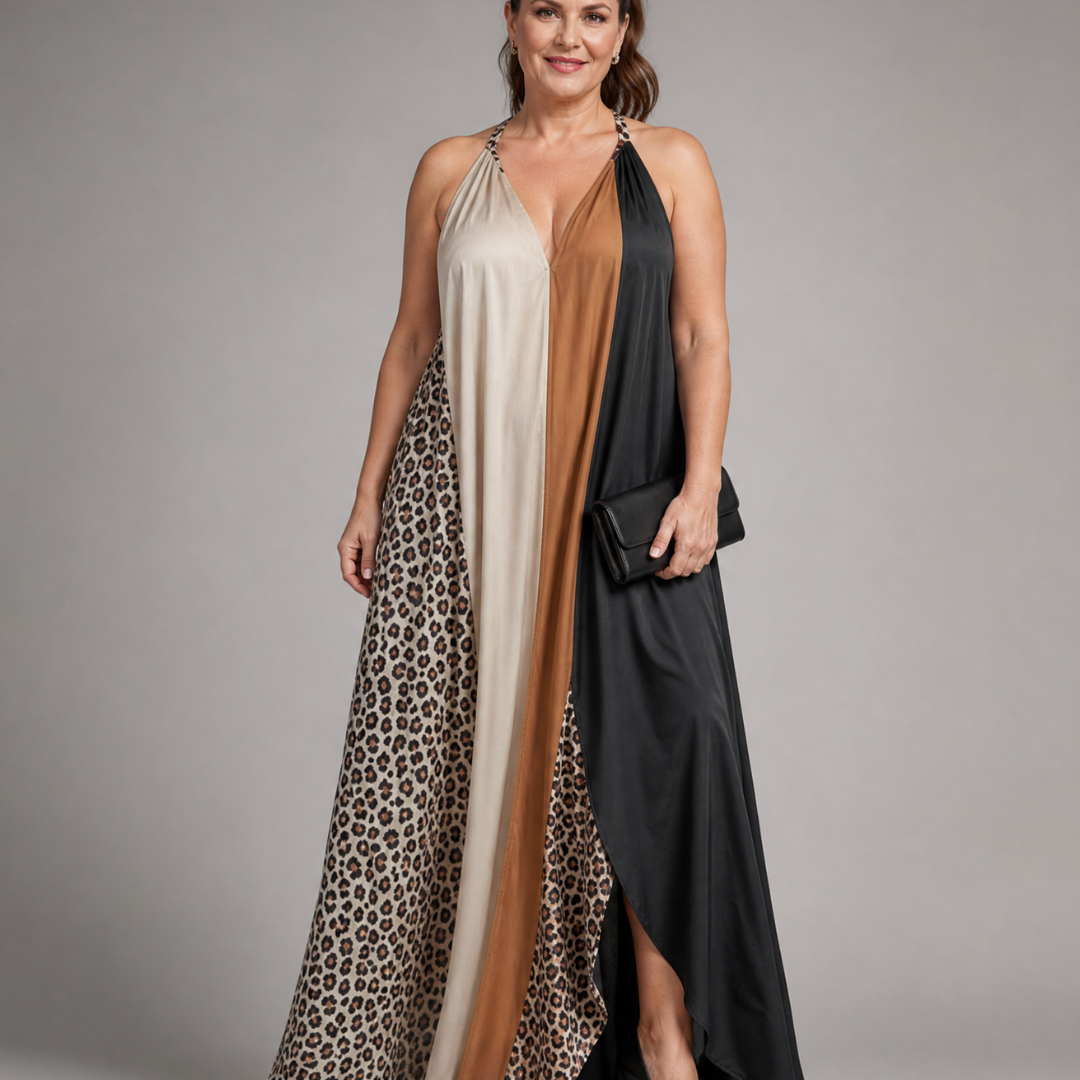 Mirabelle | Color Block Animal Print Halter Flowing Maxi Dress