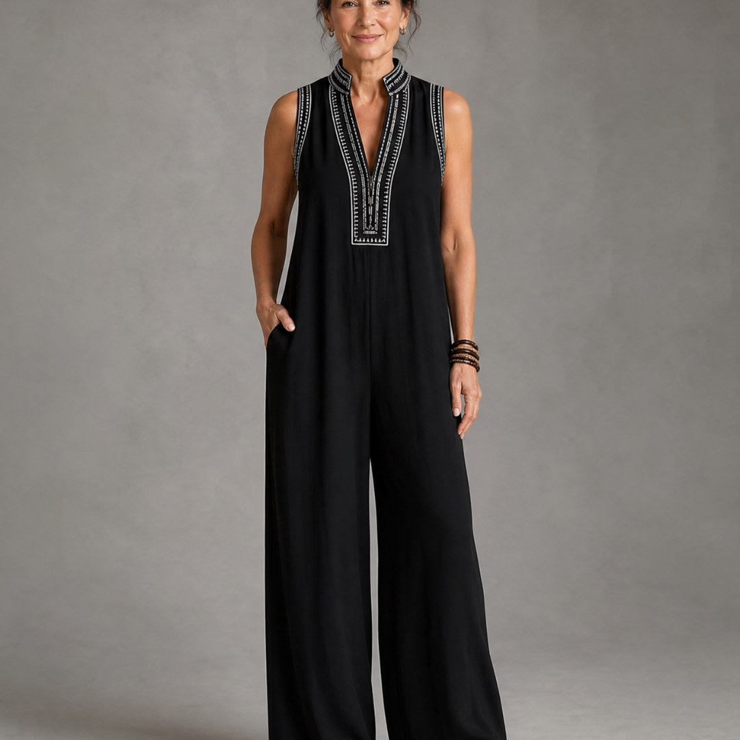 Zarbelle | Embroidered V Neck Sleeveless Wide Leg Jumpsuit