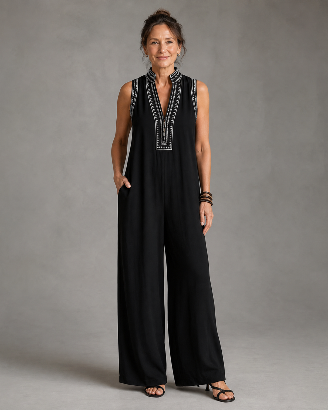 Zarbelle | Embroidered V Neck Sleeveless Wide Leg Jumpsuit