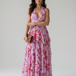 Liabeth | Halter Neck Ruched Bodice Floral Maxi Dress
