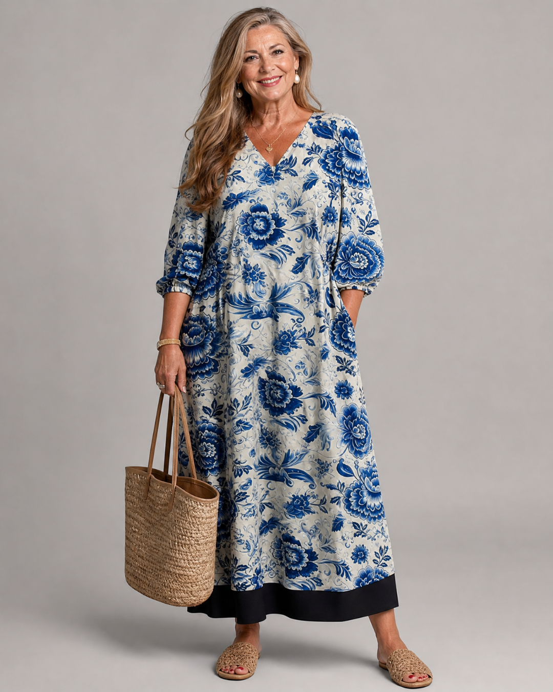 Sabina | Blue Porcelain Floral Pocket Detail Midi Dress