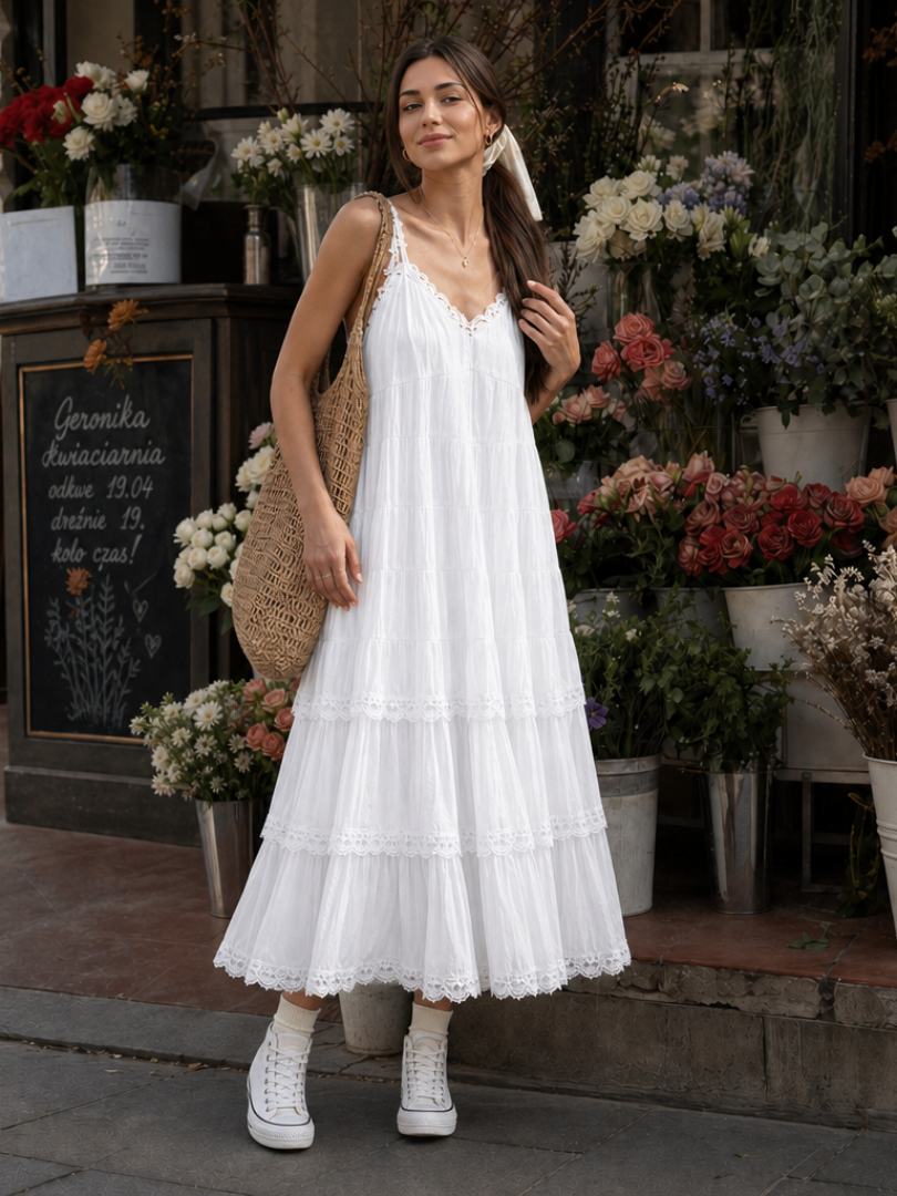 Celda | Spaghetti Strap Tiered Lace Layers Midi Dress