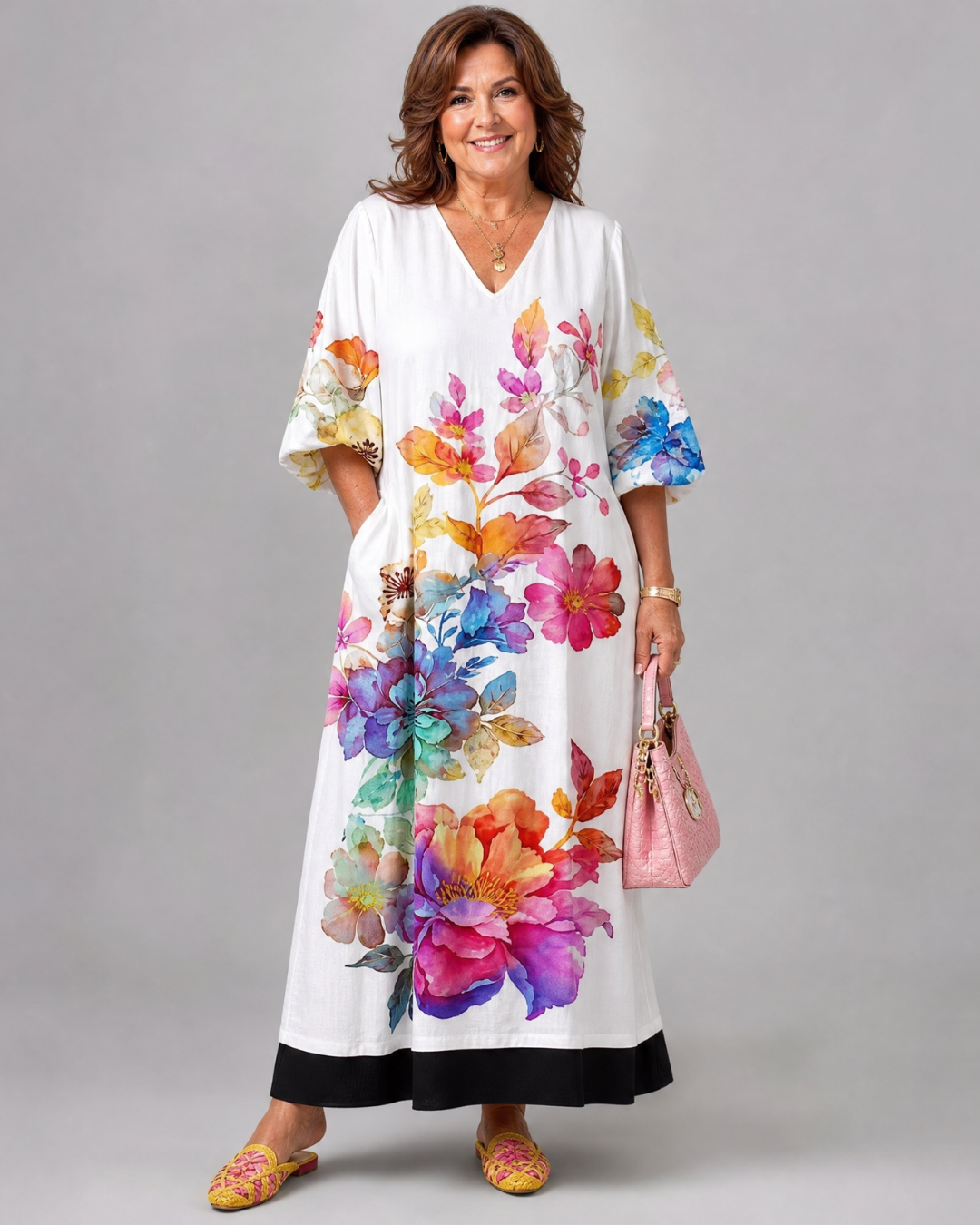 Callada | Watercolor Bloom Print Flowing Pocket Midi Dress