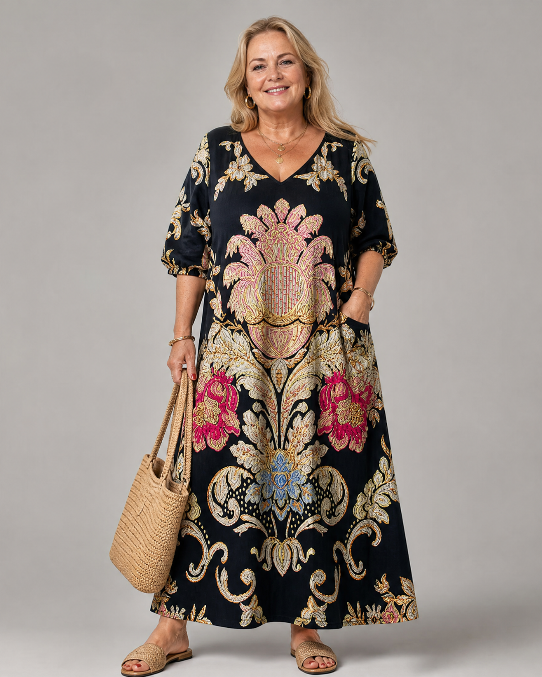 Calwen | Ornate Vintage Print Three Quarter Sleeve Midi Dress