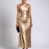 Celna | One Shoulder Draped Satin Midi Dress