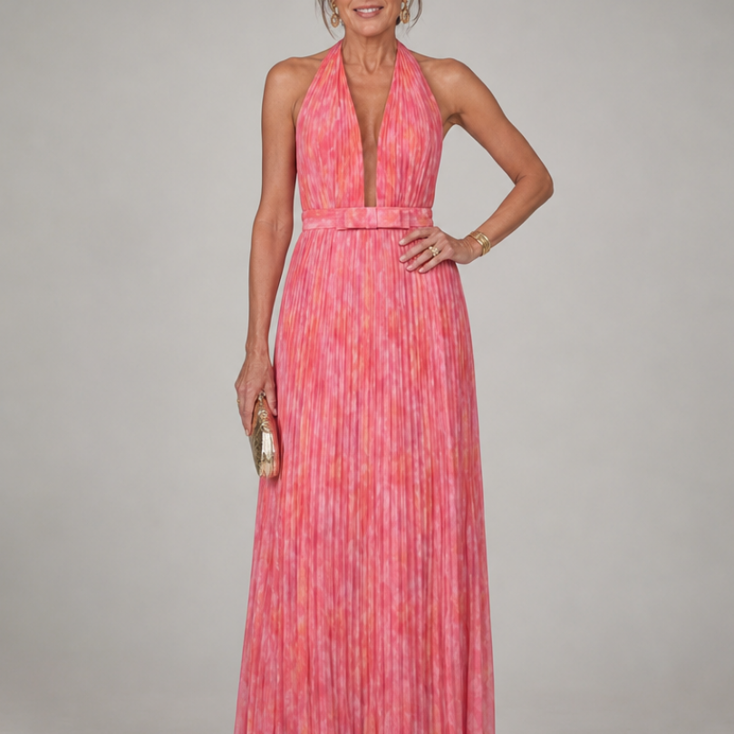 Hilaney | Halter Neck Pleated Skirt Maxi Dress