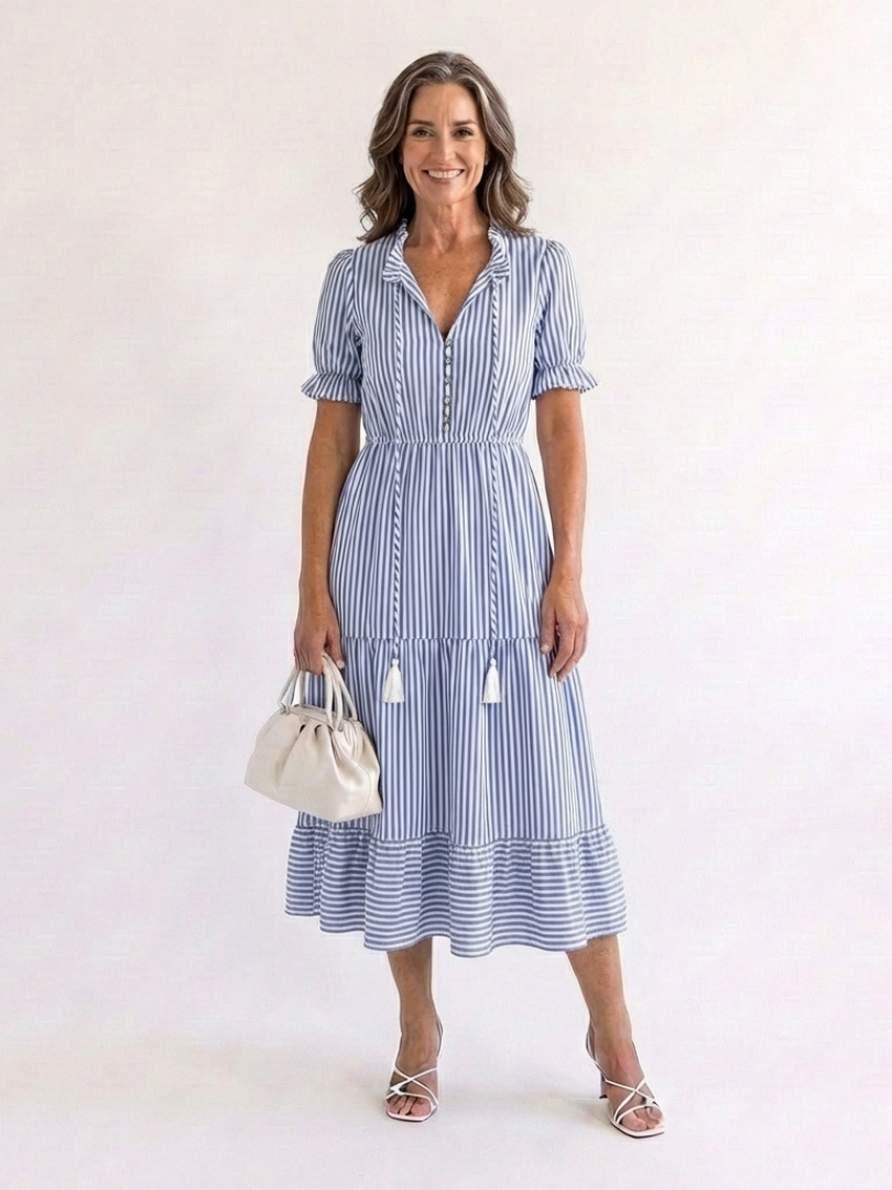 Romysia | Short Sleeve Striped Tiered Midi Dress