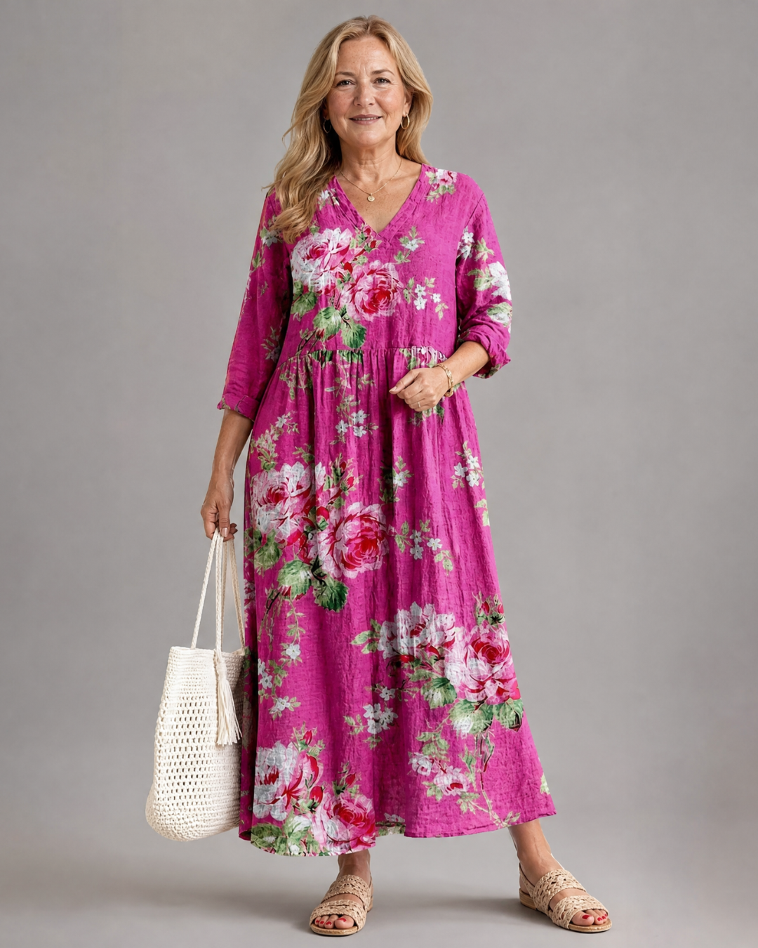 Elorina | Vintage Rose Print Gathered Waist Midi Dress