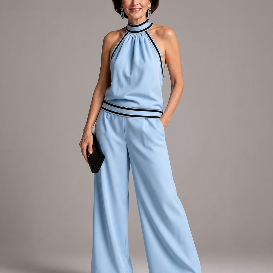 Elira | Contrast Trim Halter Neck Wide Leg Jumpsuit