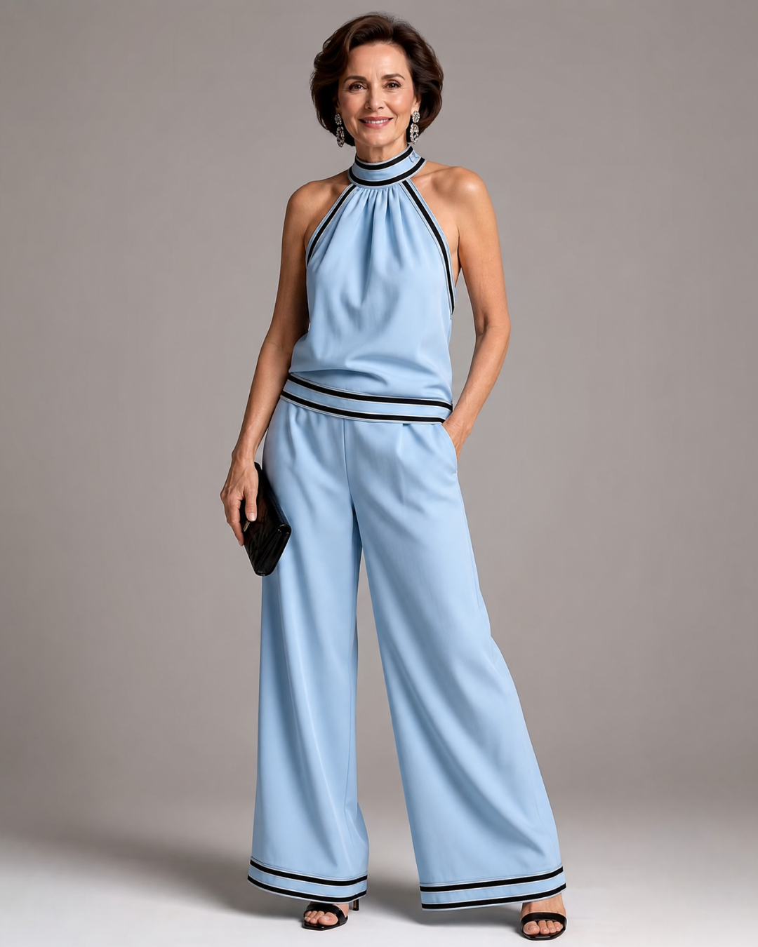 Elira | Contrast Trim Halter Neck Wide Leg Jumpsuit