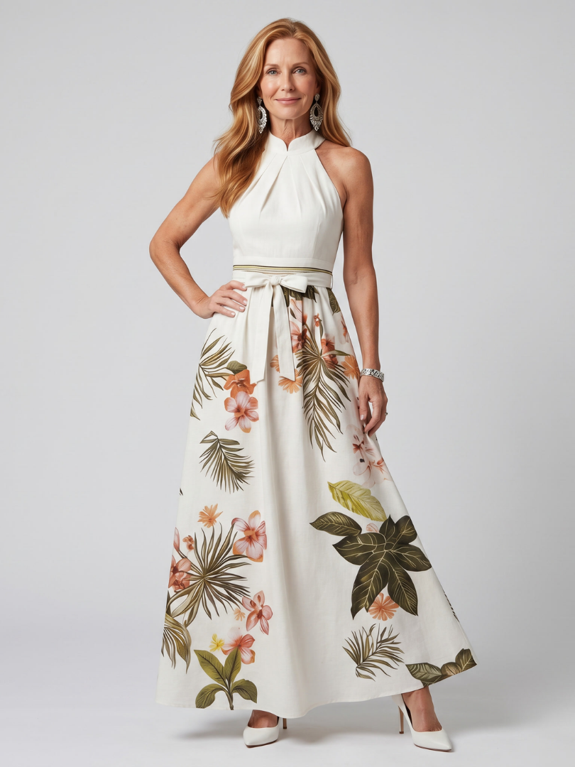 Nilathea | Draped Halter Botanical Panel Maxi Dress