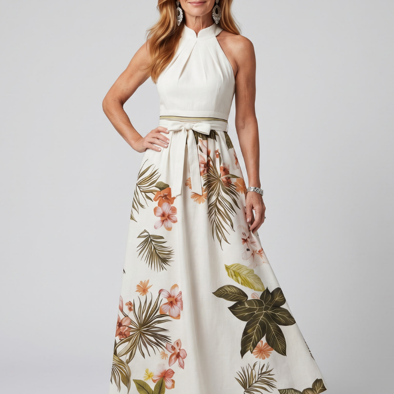 Nilathea | Draped Halter Botanical Panel Maxi Dress